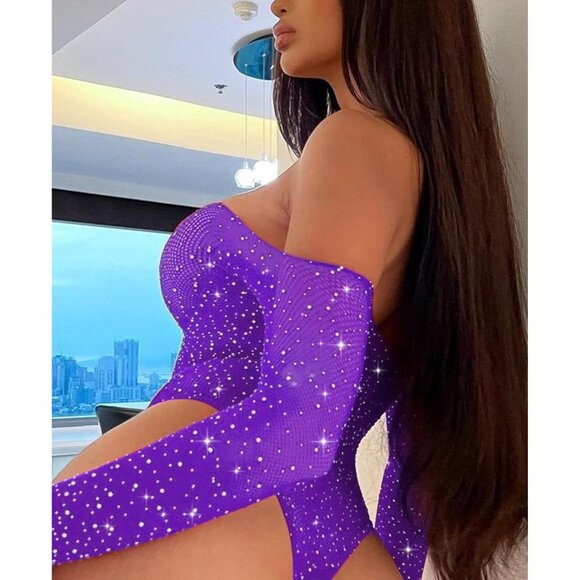 Women Violets Lingerie Fishnet Teddy Sparkle Rhinestone One Piece Mesh Bodysuit - Picture 5 of 5